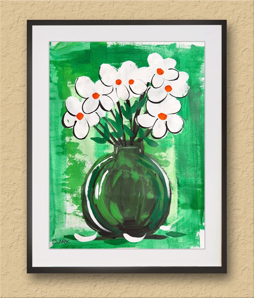 Original «White & Green Flowers – Set 3″ – Acrylic Painting 16×12» Canvas Paper