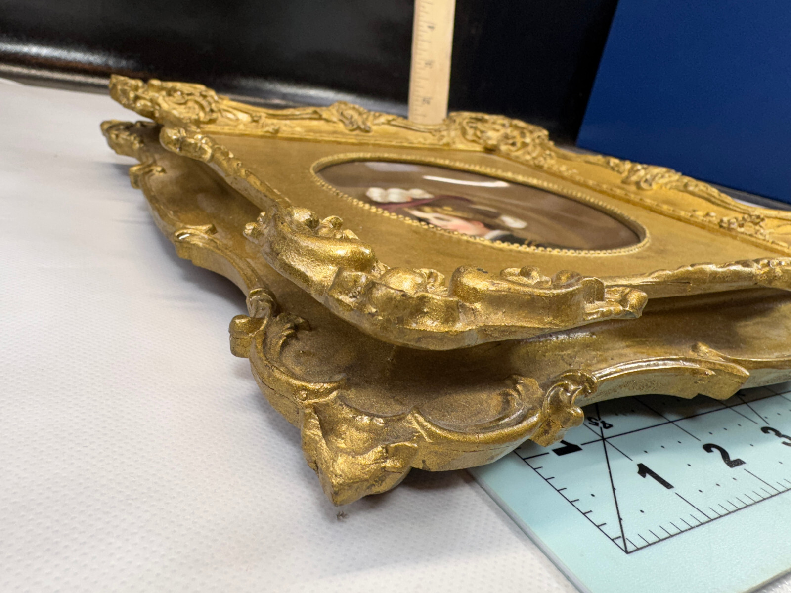 Hand Painted Porcelain Portrait Plaque in Ornate Gold Wood Frame