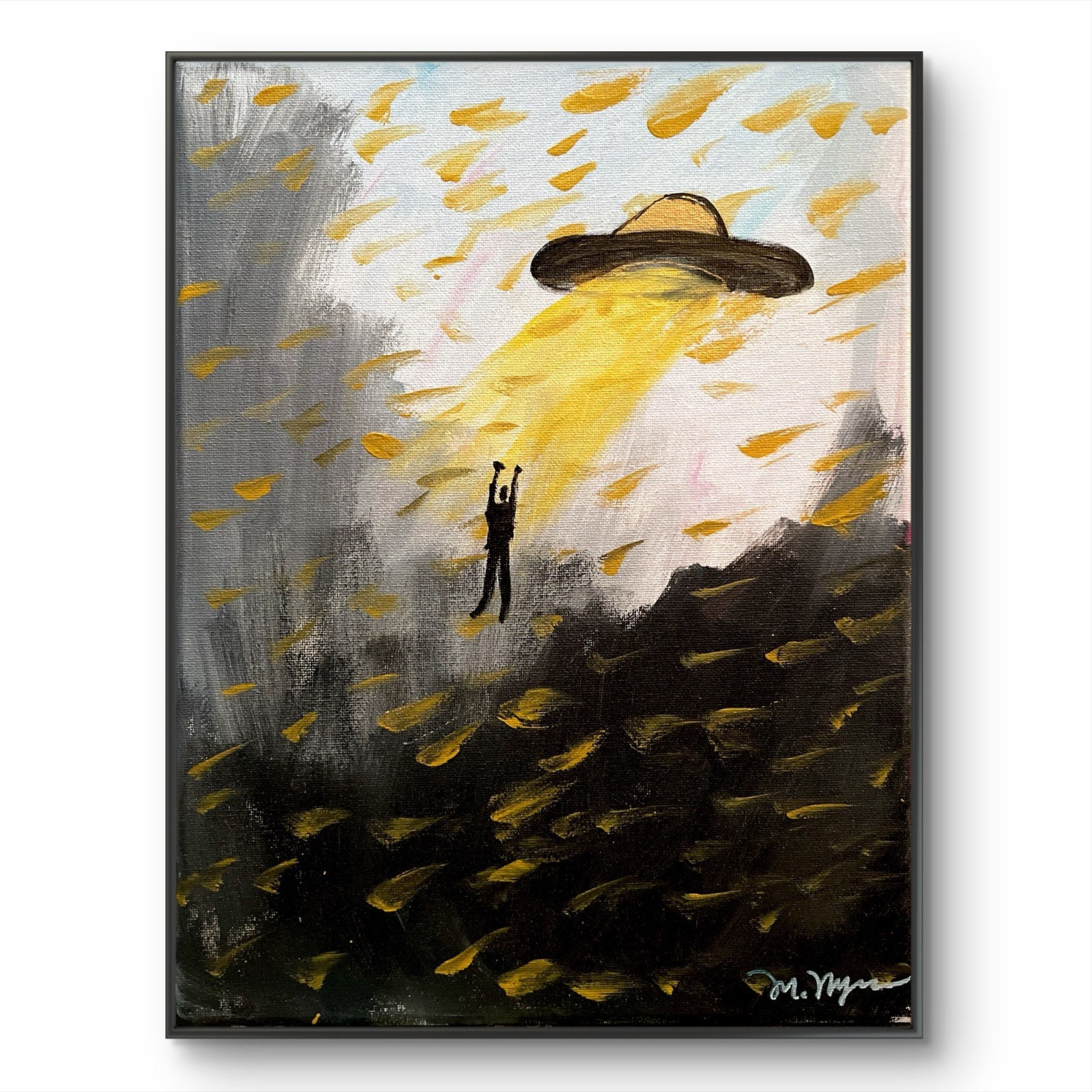 Mary Myers Original Surreal UFO Painting 11×14 Acrylic Canvas Signed Man vs