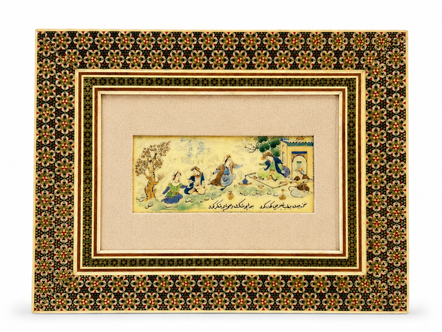 Vintage Persian Khatam Marquetry Frame Hand Painted Porcelain Plaque Small Art