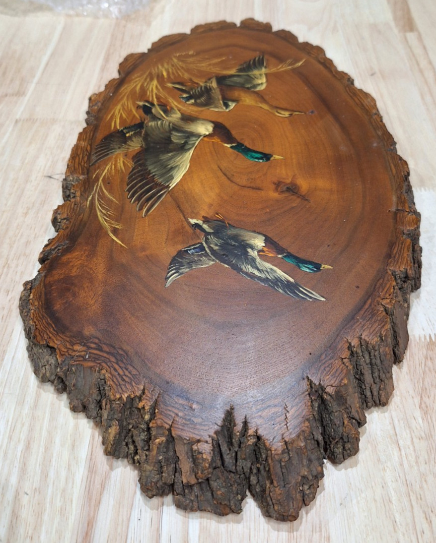 VTG Mallard Ducks Wood Slice Painting C Burns Original Wildlife Art on Live Edge