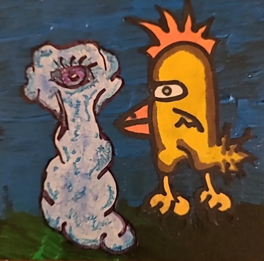 Original Chicken Alien Team Low Brow Painting Weird Friends Space Rooster Art