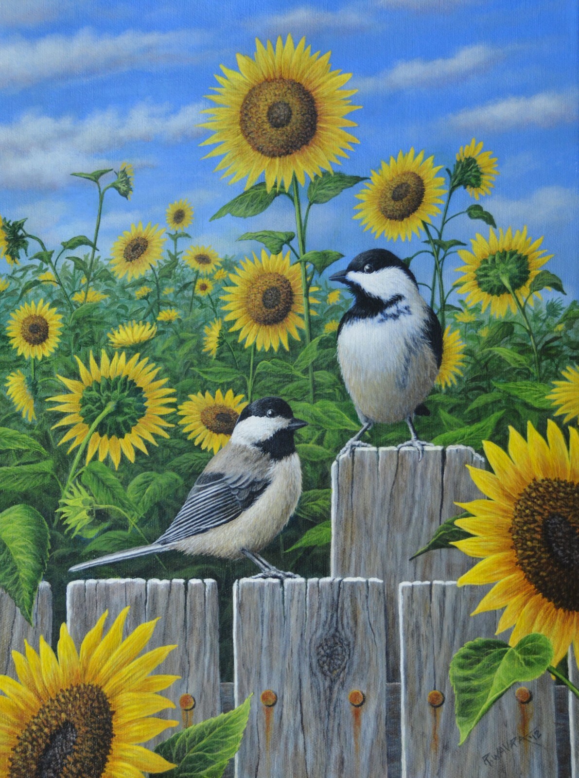 Art, Painting, Chickadees, Sunflowers, Yellow, Flowers, Landscape, Birds, Bird 