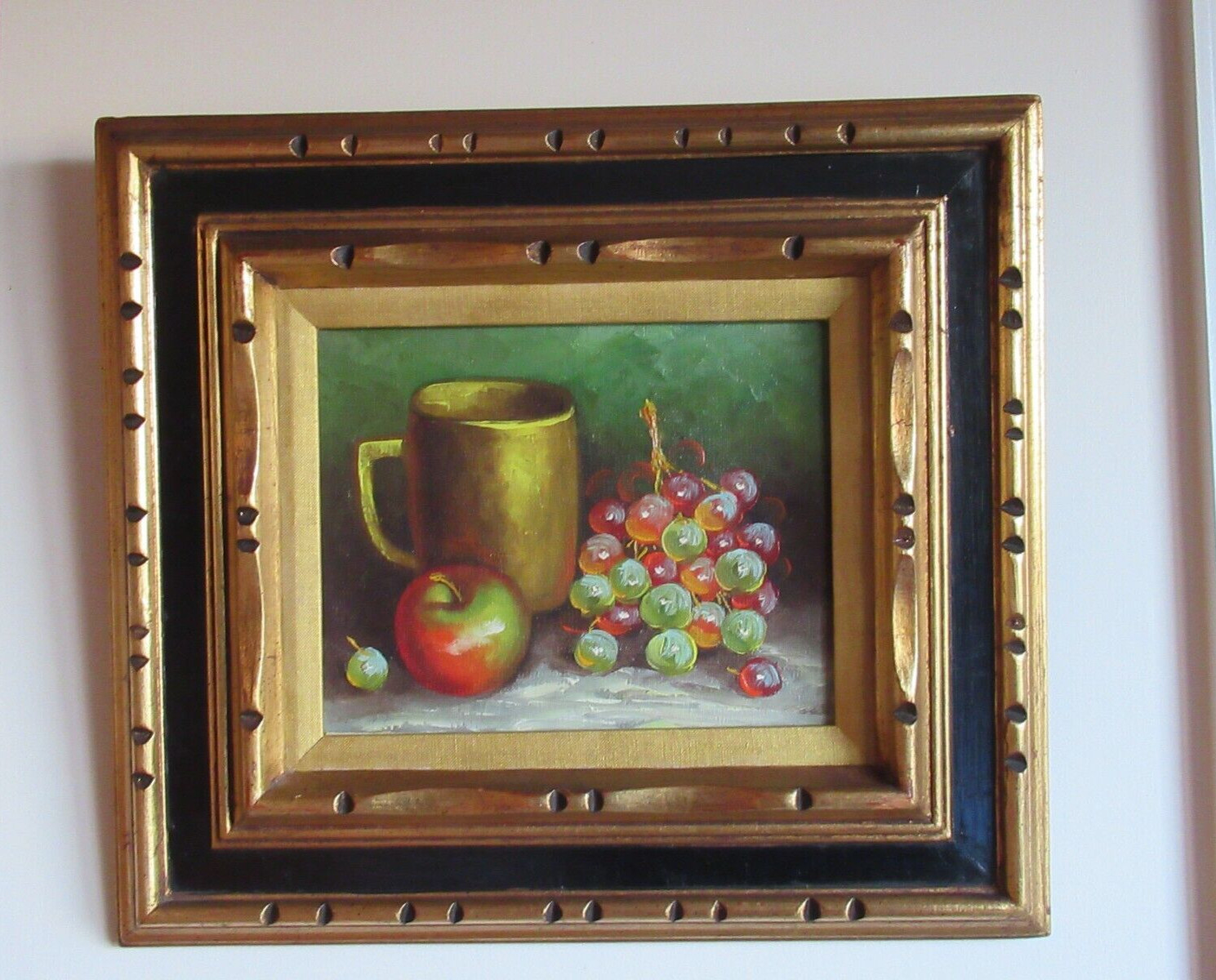 Original Still Life Oil Painting on Canvas of Fruit, Mug in Carved Wood Frame