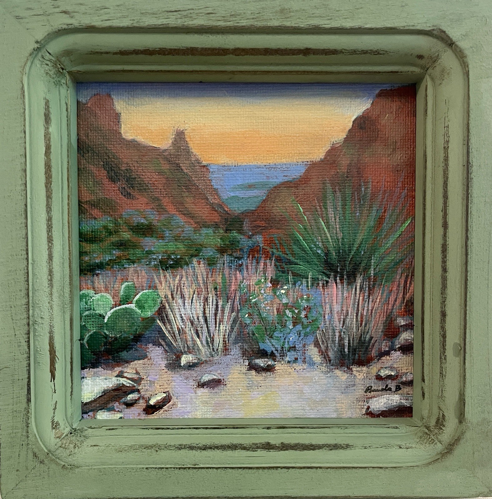 Big Bend Desert Sunset Original Acrylic Landscape Painting 5×5 Southwestern Art