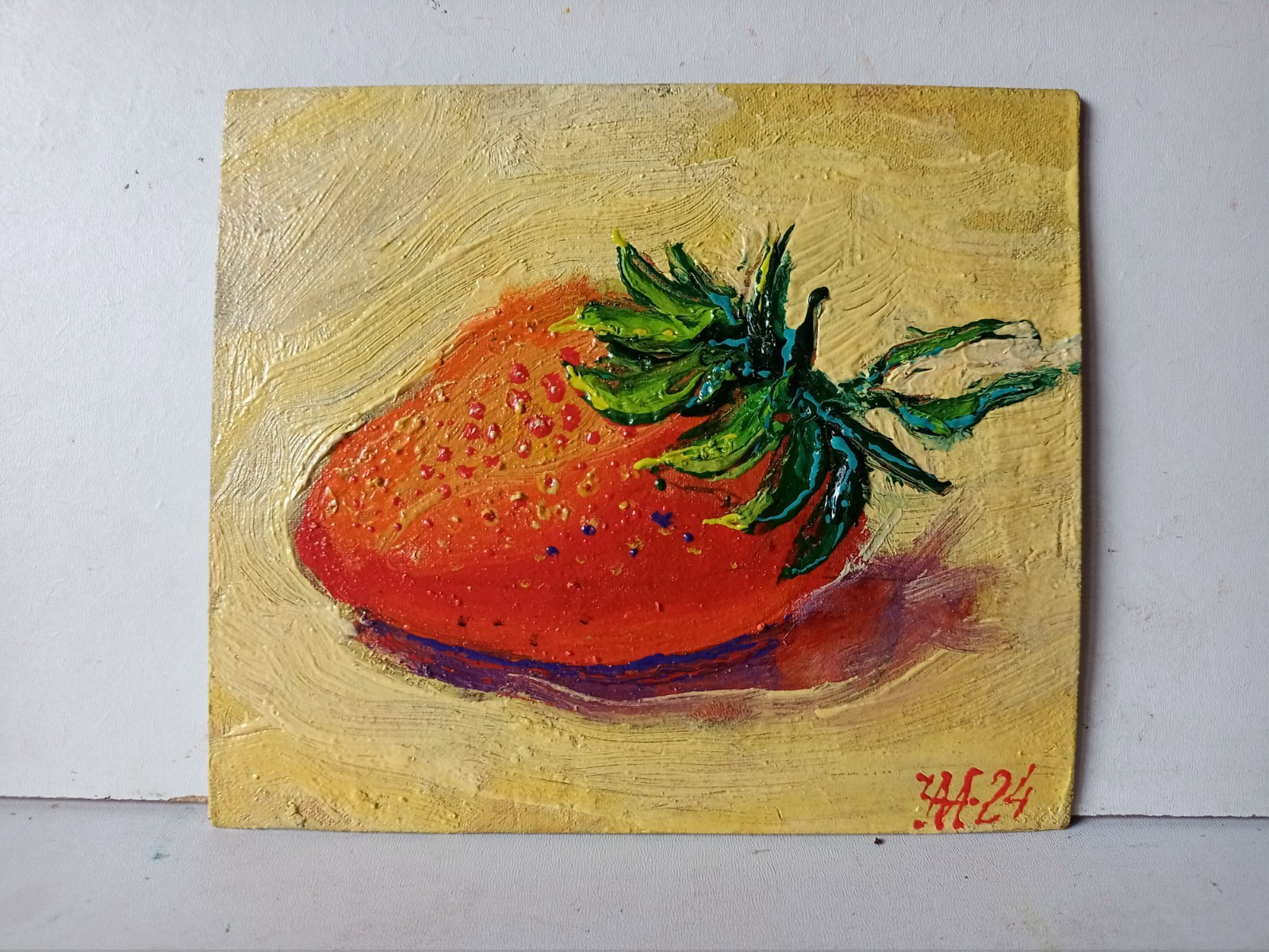 Strawberry, Painting Original Art Impression Oil Painting 4.7 x 5.5 in