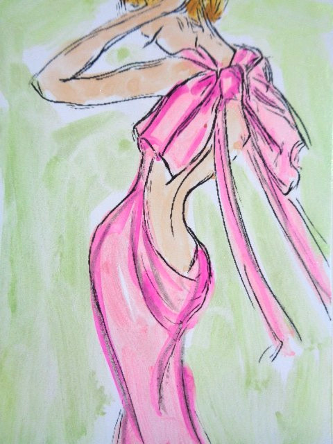 ACEO Women In Art – FASHION GIRL PINK DRESS Painting ART