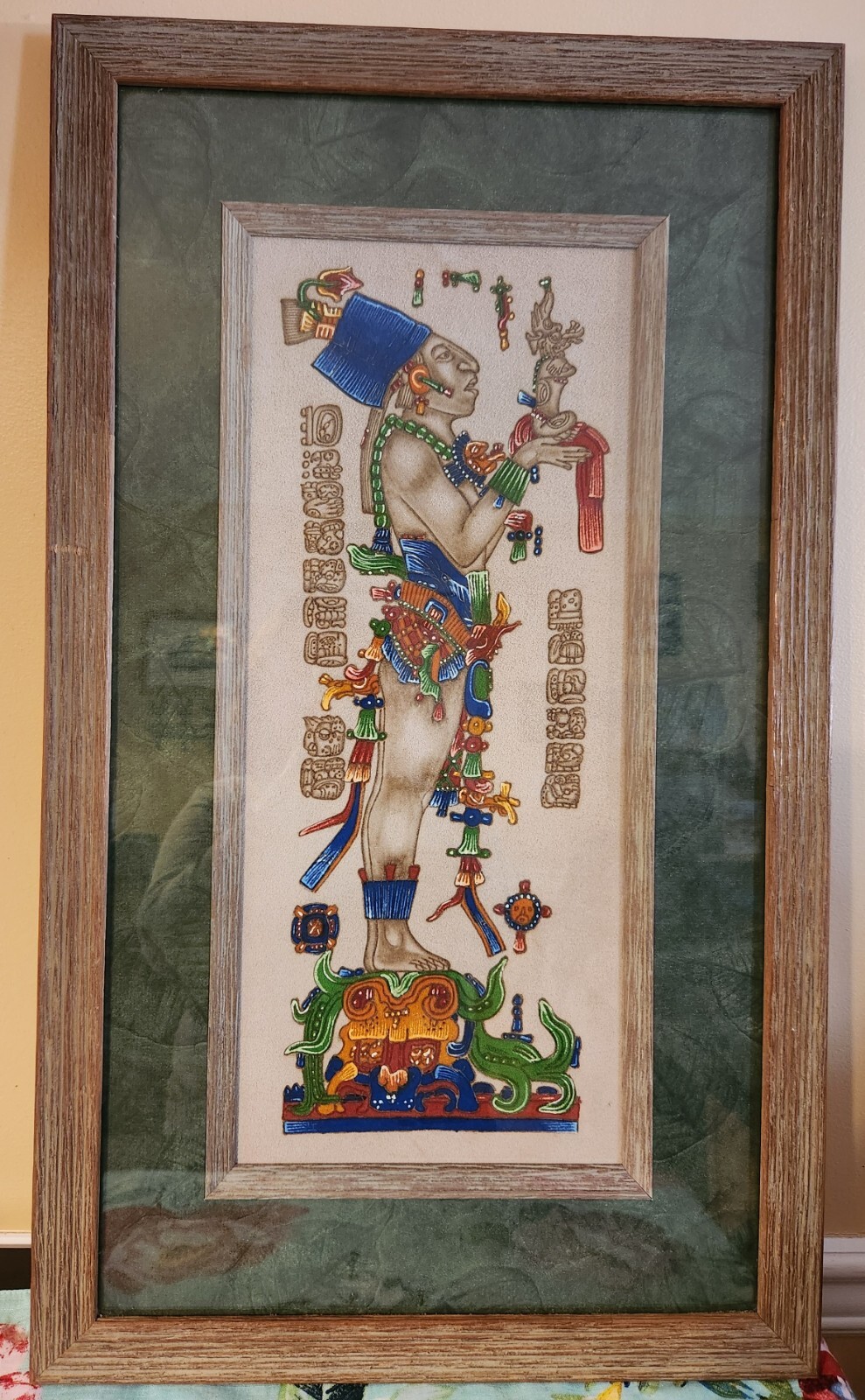 Custom Framed Mayan Pyrography Suede Leather Painting of Chan-Bahlum 16″ x 28″