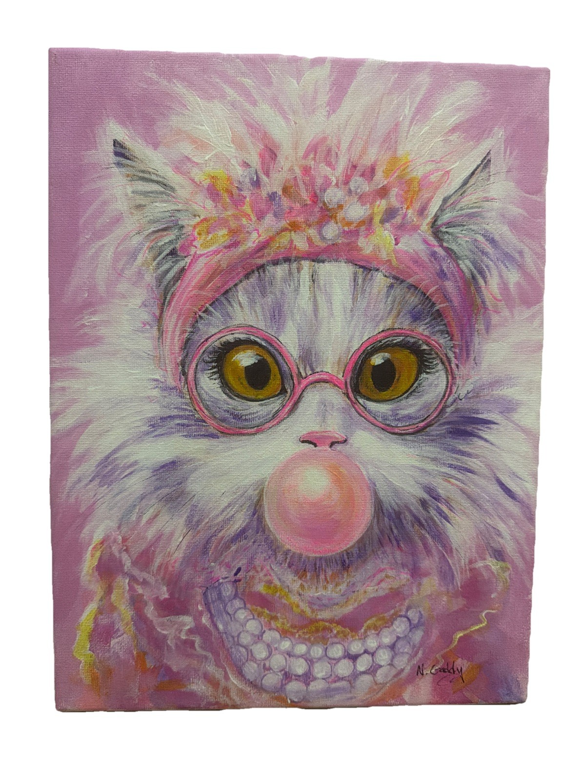 Original Signed OOAK Art Expressionism Fluffy Kitty 9×12 Acrylic Canvas Painting