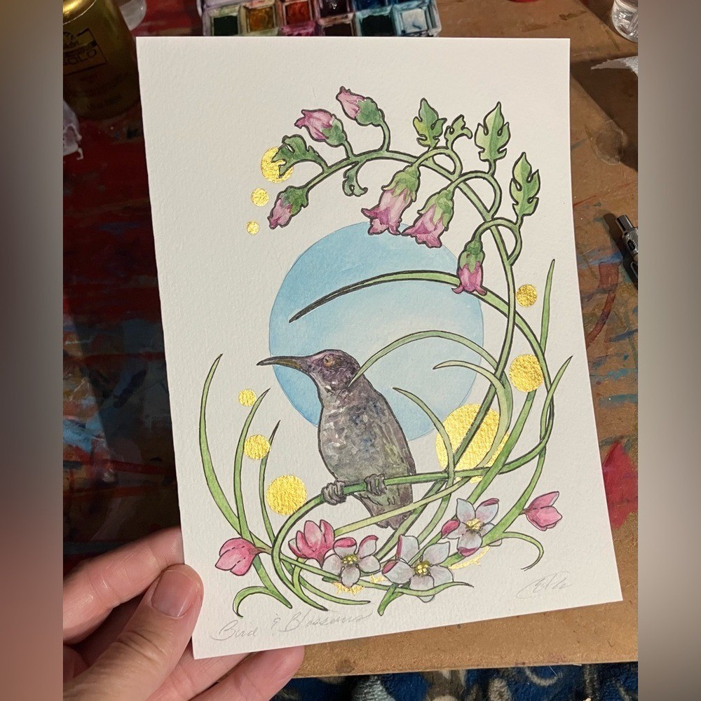 Original painting bird flowers blossom art nouveau surreal garden Artettina USA