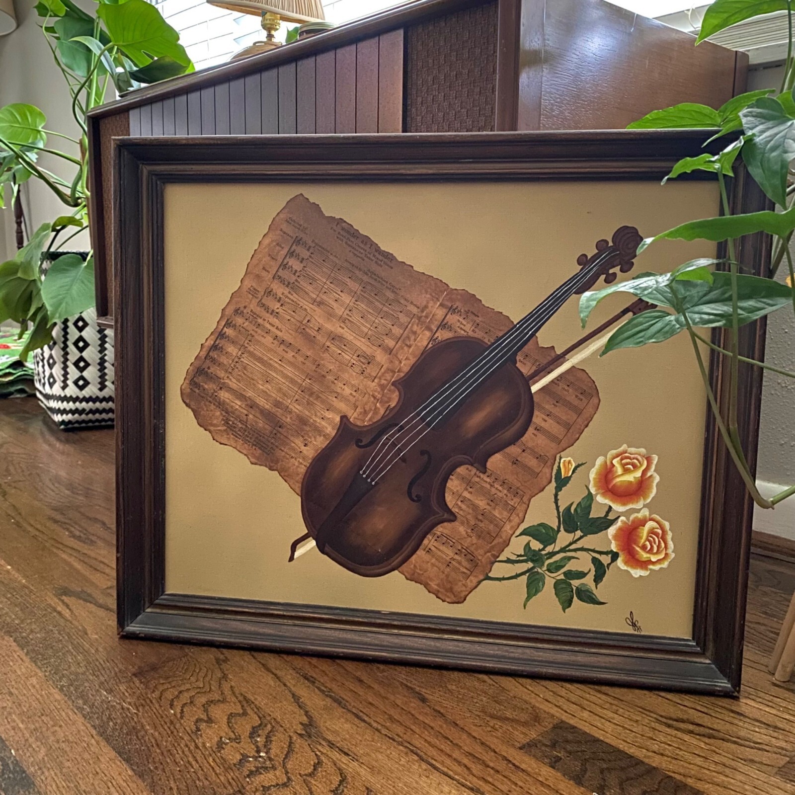 Vintage 70s Original Painting Violin Sheet Music Still Life Signed Art Framed