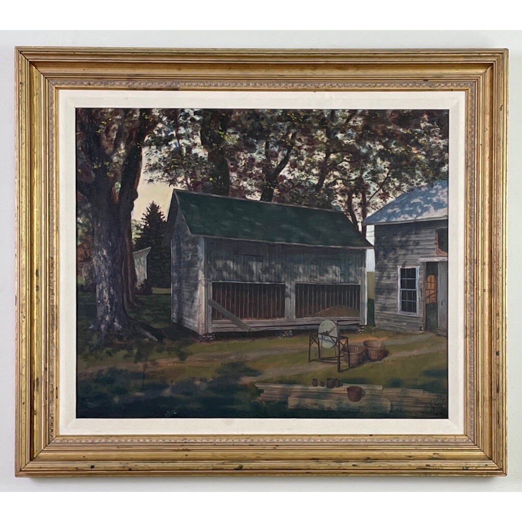 Realist Landscape with Farmhouse, Framed (ca. 1950, Oil on Canvas)