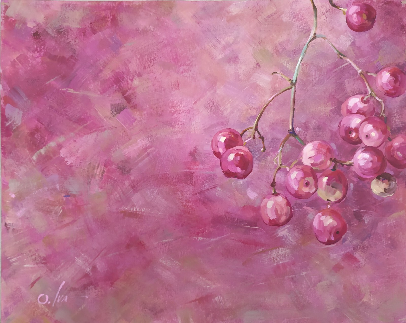 Original acrylic painting on cardboard Bunch of pink berries 16х19″