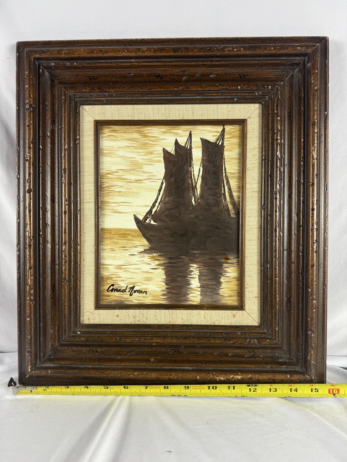 Signed Realist Impressionist Painting of Ships at Sea 15×17 Inches Framed Art