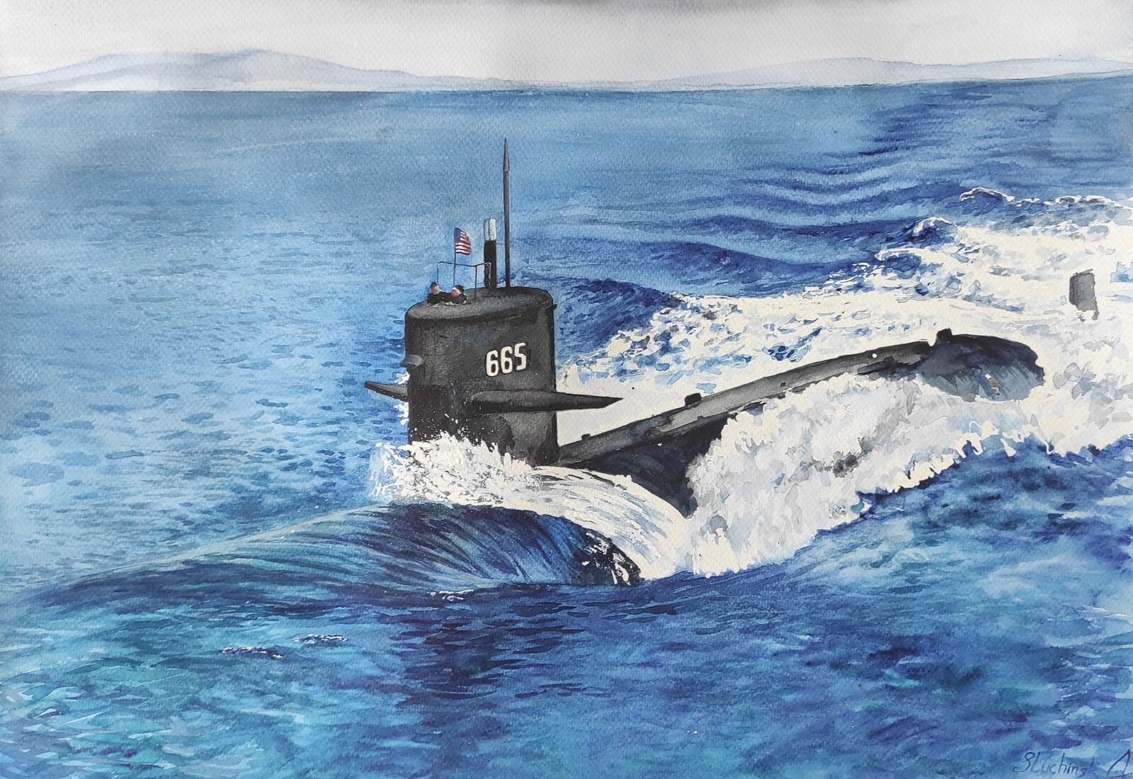 Submarine Painting Watercolor Original US Navy Artwork Seascape Ocean Wall Art