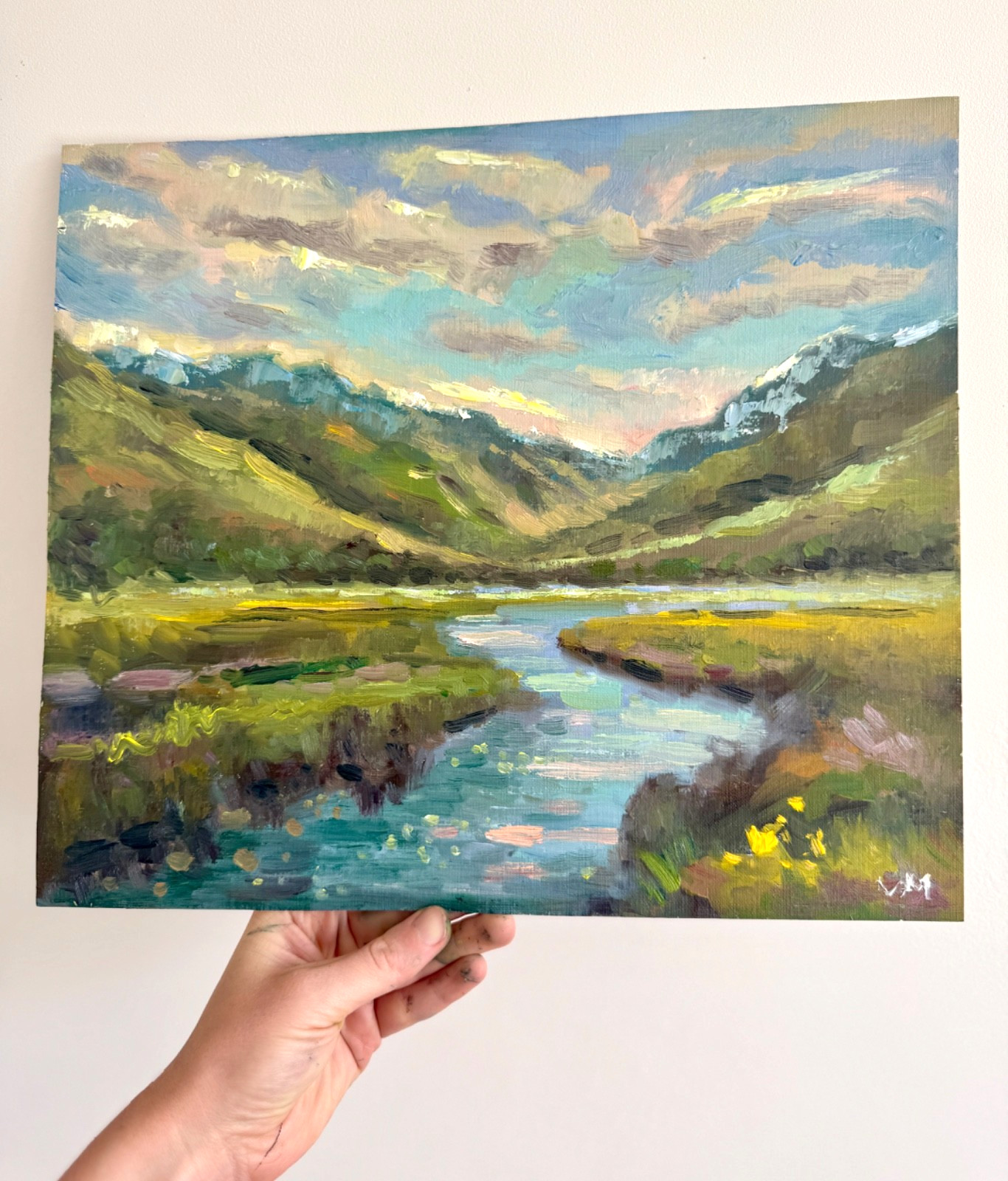 Original Oil Painting Impasto Landscape Mountains Lake Nature Art Signed 12×14″