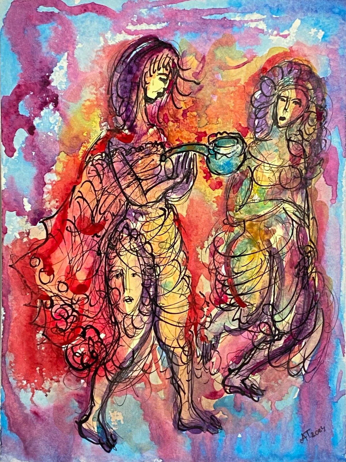 A T SURREAL OUTSIDER MODERNIST ABSTRACT MIXED MEDIA FIGURE PORTRAIT PAINTING
