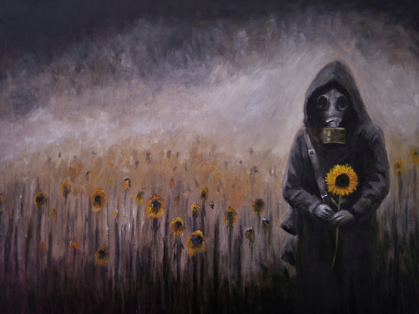 Dare to Hope – original oil painting – Fallout Stalker Metro Gas Mask Sunflower