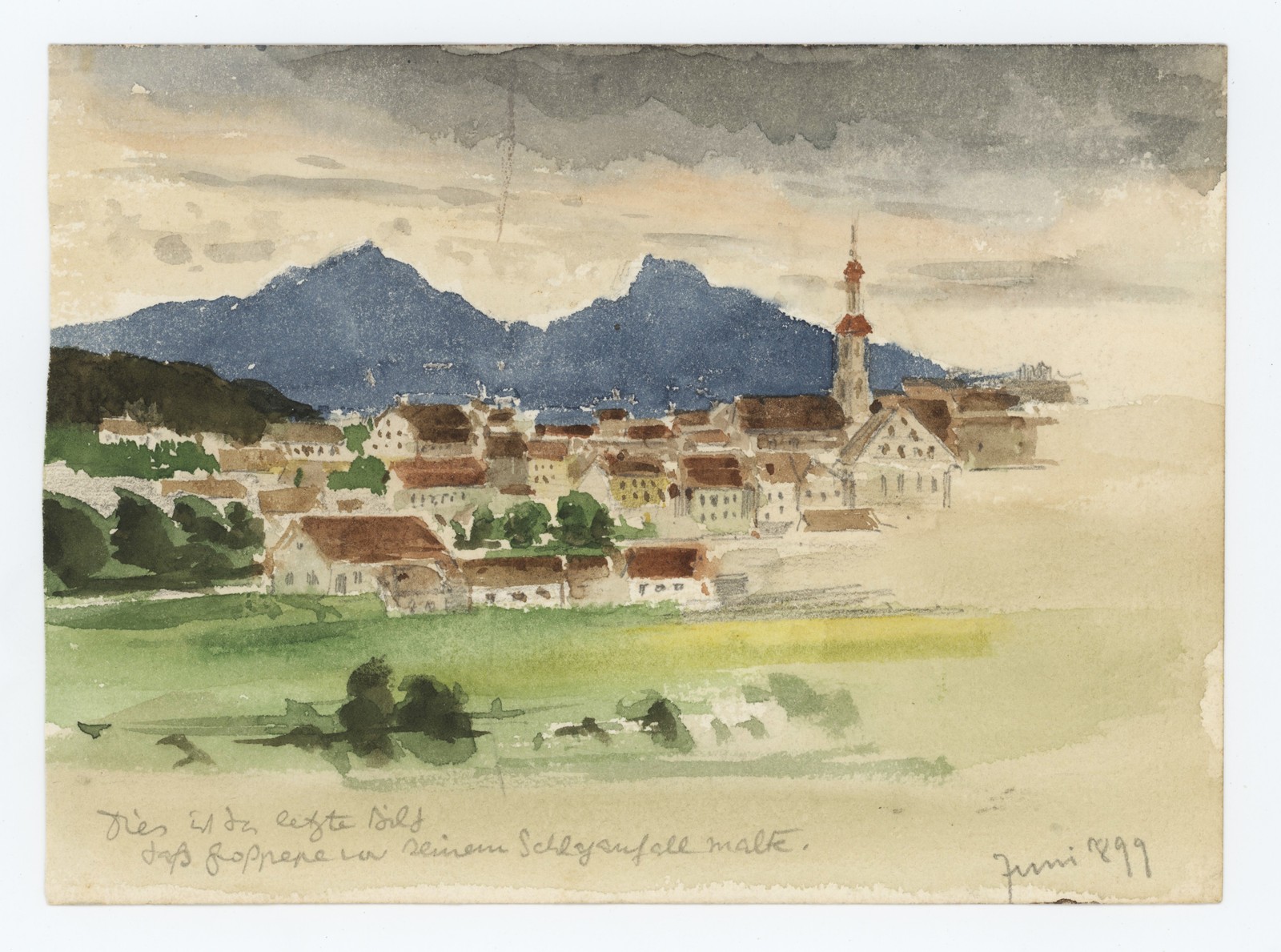 Town Off Mountains Landscape Sketch Animals Impressionism Watercolor 1899