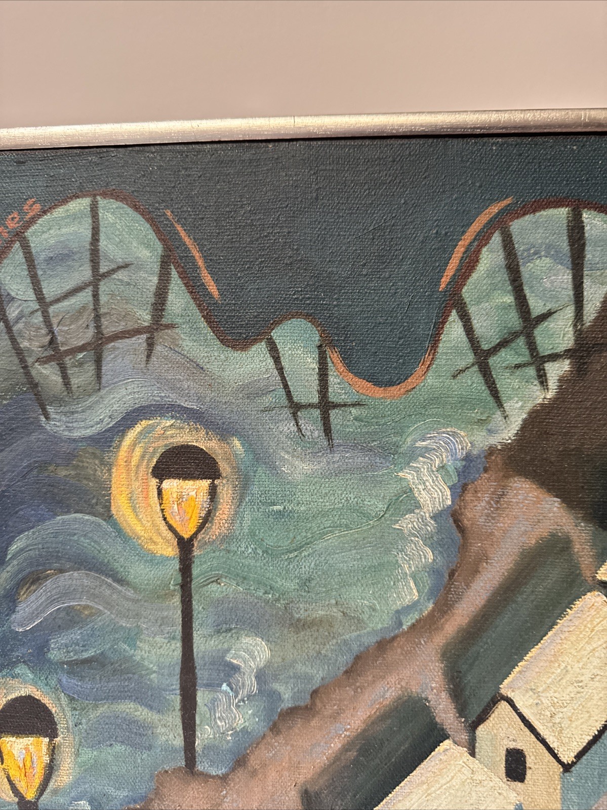 MID CENTURY PAINTING NIGHT BEACH COAST CUBIST MODERNIST JONES WPA ABSTRACT OIL