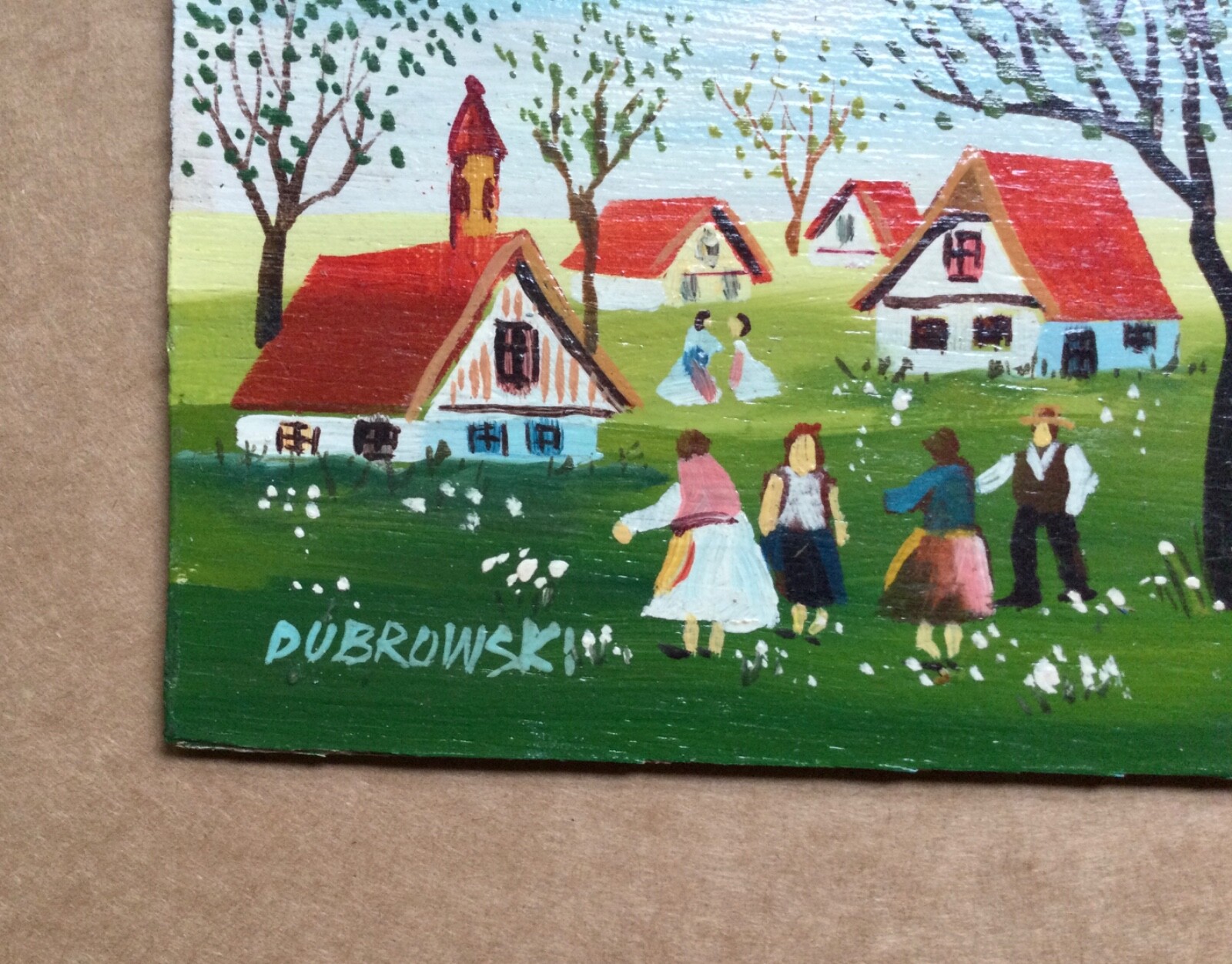 2 small primitive folk art paintings by Joanne Stalker & Dubrowski.