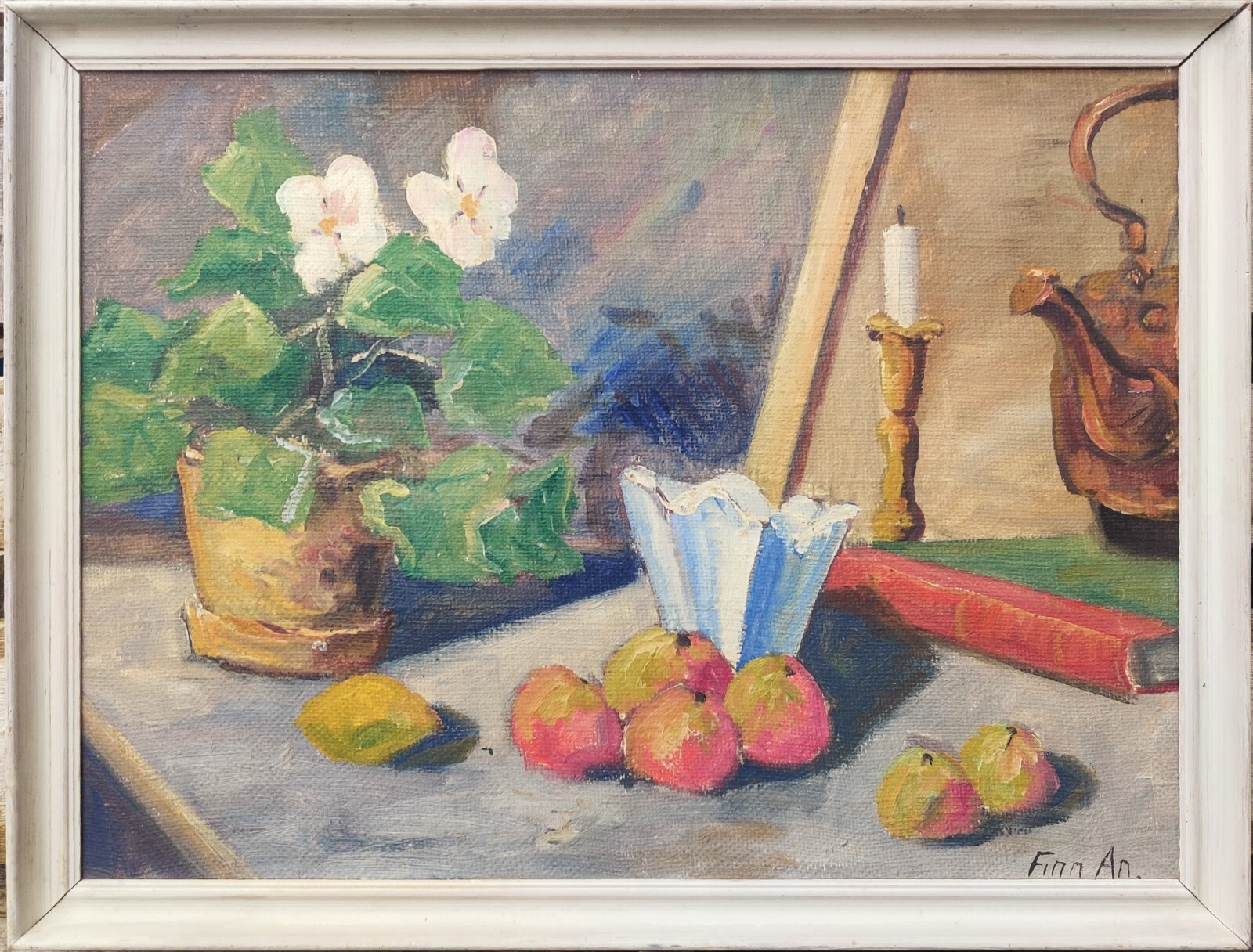 Finn Andersen (1909-1987): STILL LIFE – FLOWER, FRUIT, BOOK, VASE, TEA KETTLE