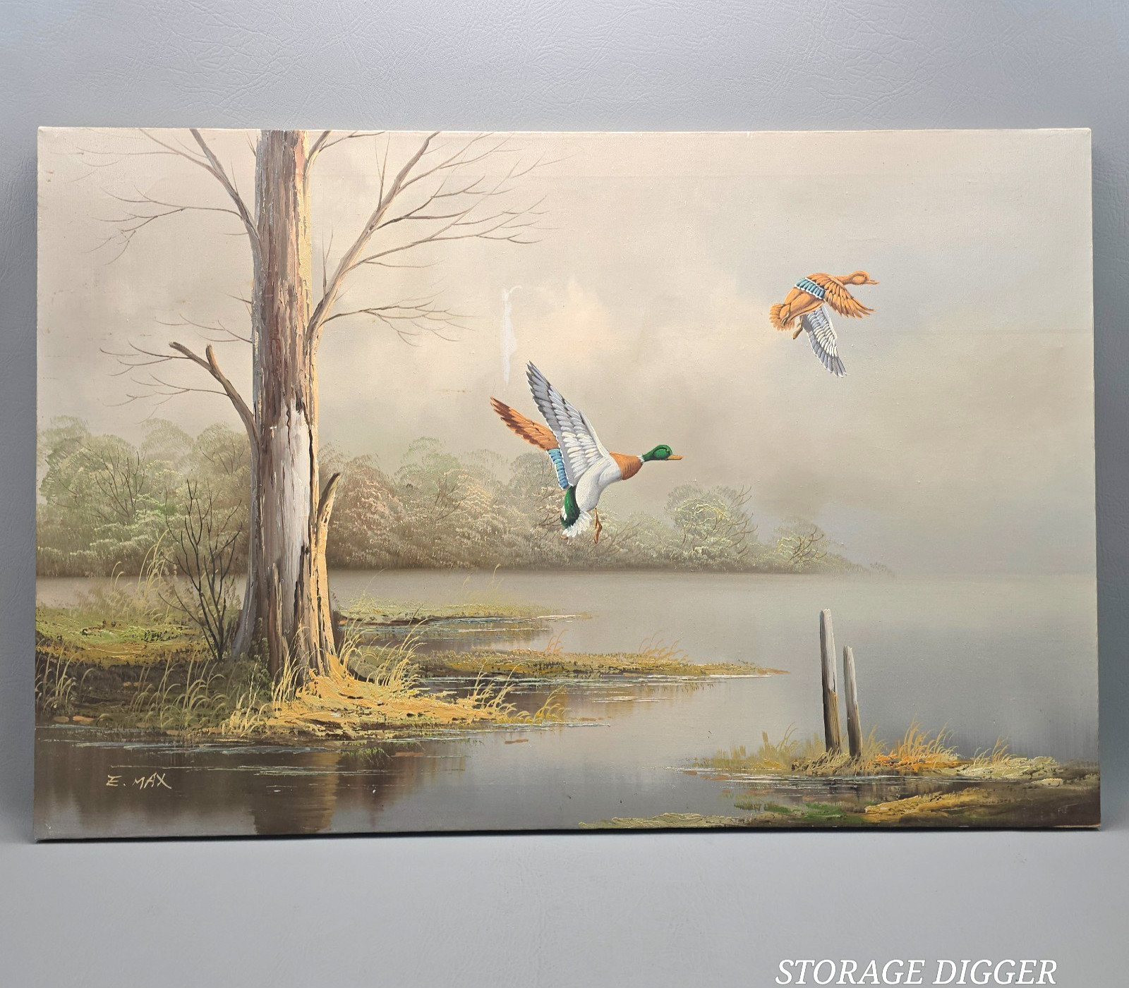 VTG Mallard Ducks in Flight Landscape Canvas Oil Painting E. Max Signed 24 x 36″