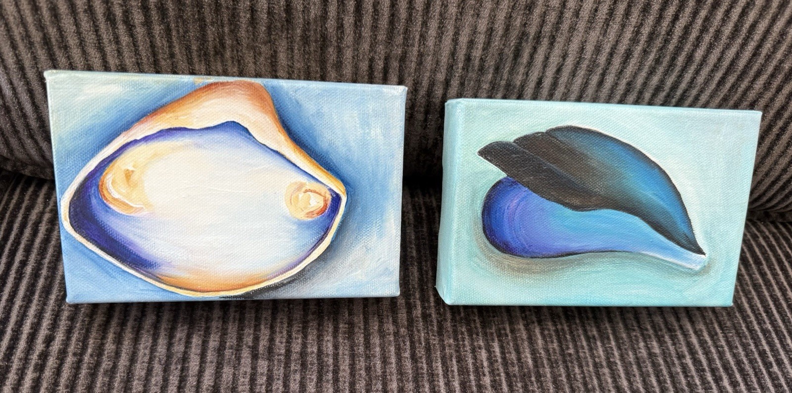 Original Acrylic Shell Paintings Set Contemporary Miniature Canvas Signed
