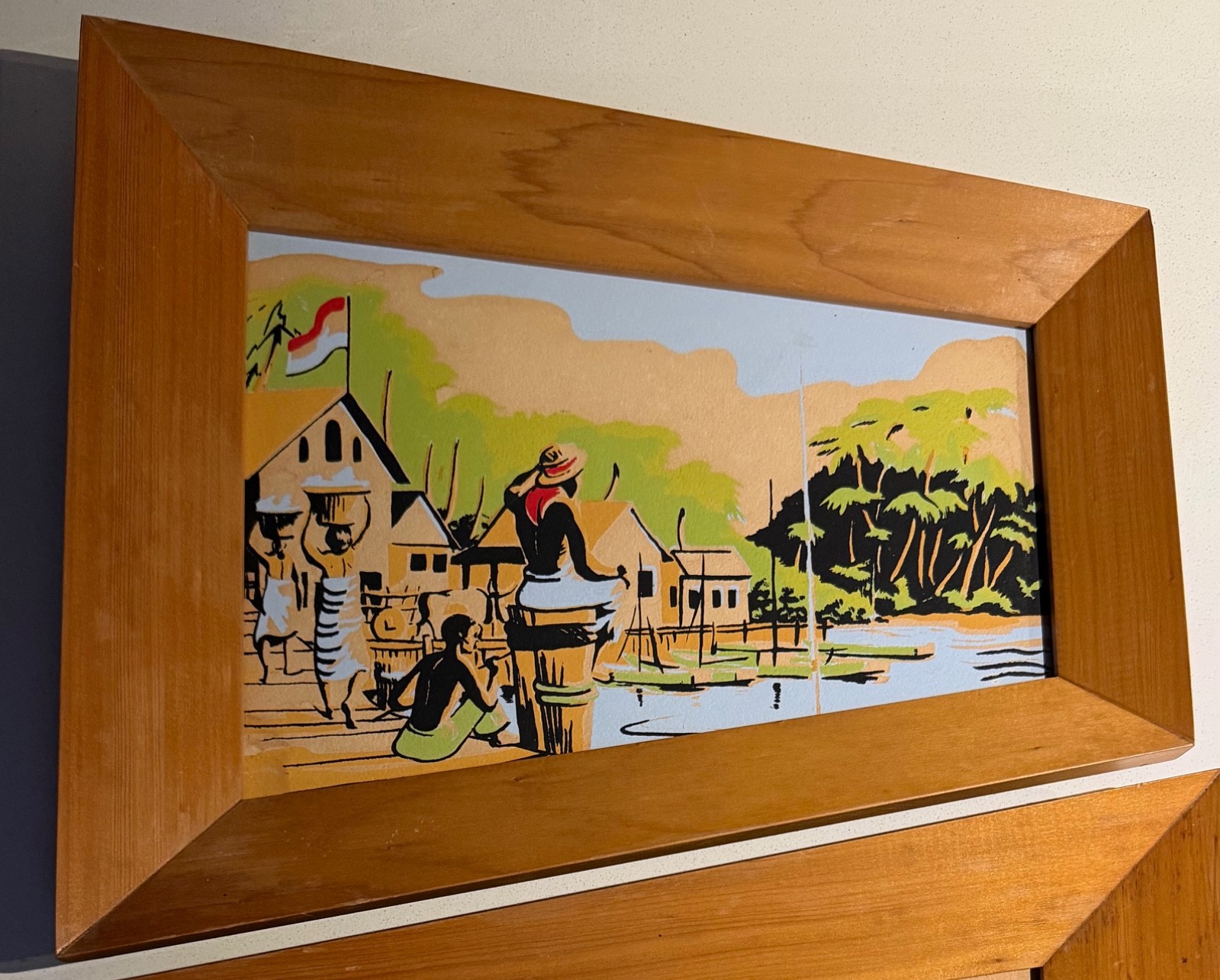 Vintage Landscape Figural Paintings Trapezoid Wood Frames Mid Century Modern Art