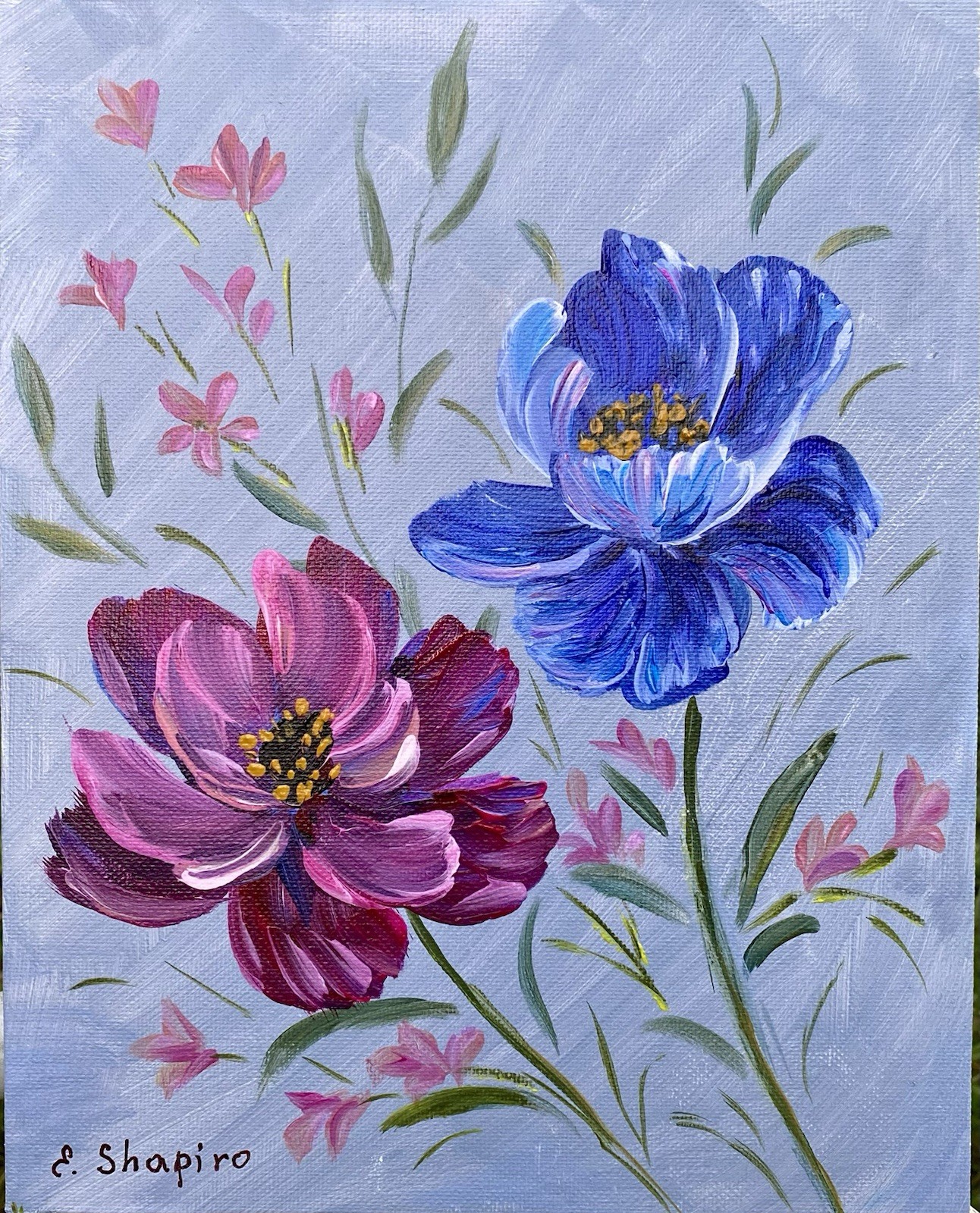 Cosmea Acrylic Painting Pink Blue Flowers Wall Art 8×10 Floral Wall Decor