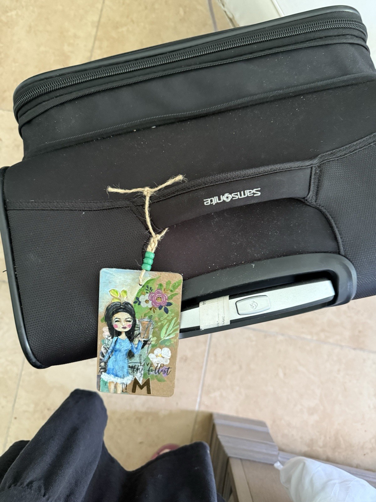 Handmade Luggage Tag Contemporary Mixed Media Painting , Woman & Flowers