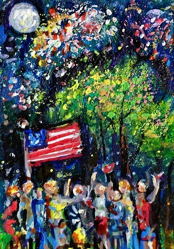 ORIGINAL ACEO Painting FIREWORKS 4th July Camping Fire People USA Flag ATC ART