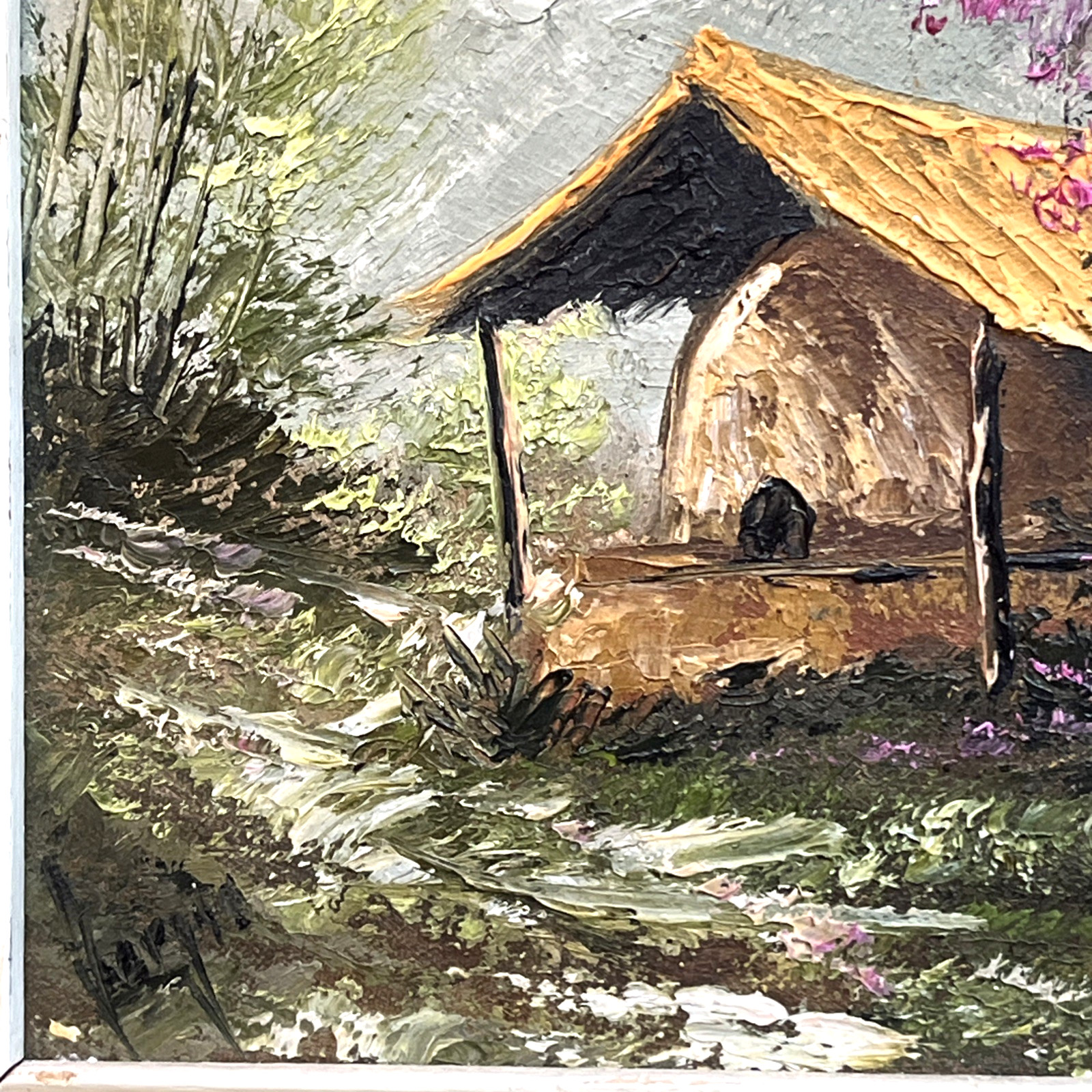 Vintage Original Oil Painting on Canvas Board Rustic Cottage Landscape Signed