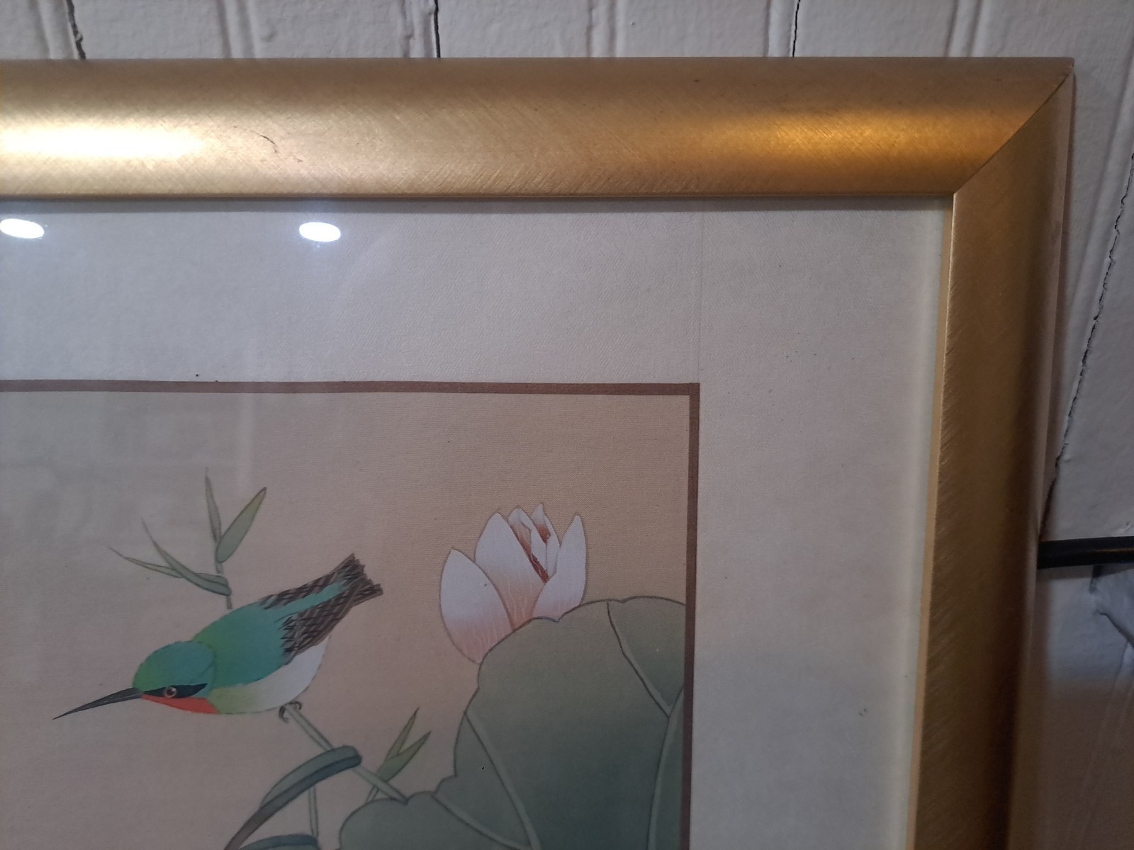 Vintage Oriental Watercolor On Silk Painting W/ Kingfisher And Lotus Flowers