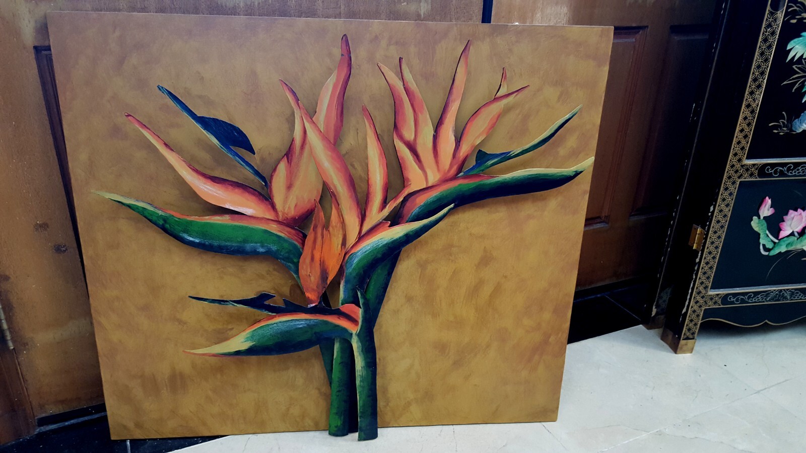 ORIG SIGNED ROMEY 3DIMENSIONAL Oil Painting METAL BIRD OF PARADISE Flowers PERU!