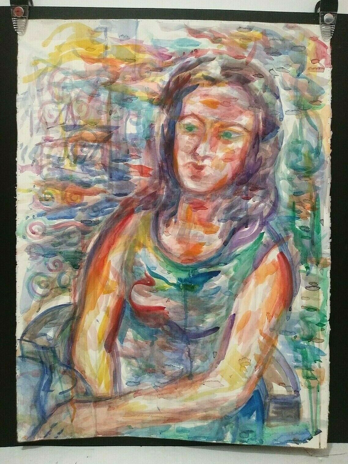 LESTER SCHULTZ LISTED AMERICAN BRIGHT EXPRESSIONIST WOMAN’S PORTRAIT ORIG W/C