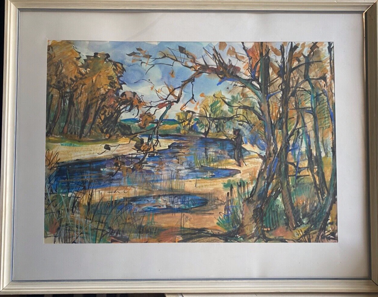 Watercolor Mixed Technique Autumnal River Landscape in the Forest 1950s