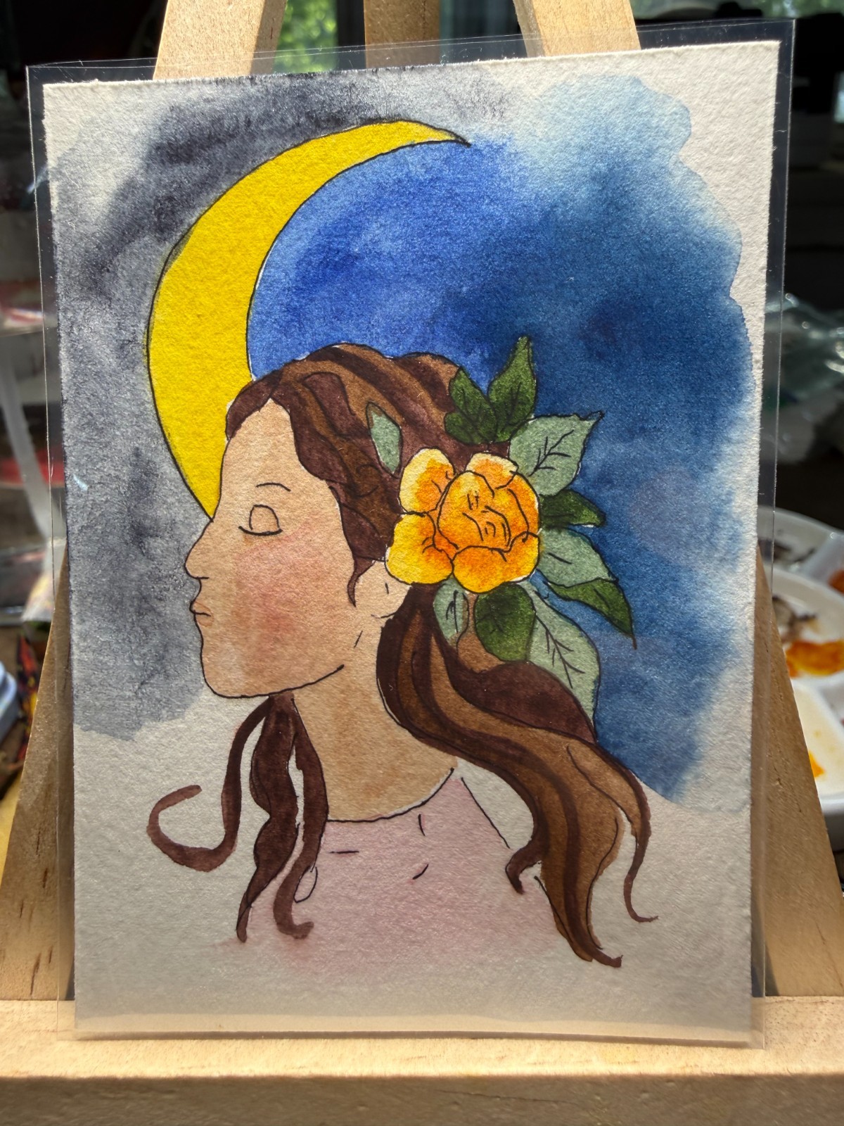 ACEO Original OOAK Signed (Not a Print) «Moonwhisper» Woman & Crescent Moon Rose