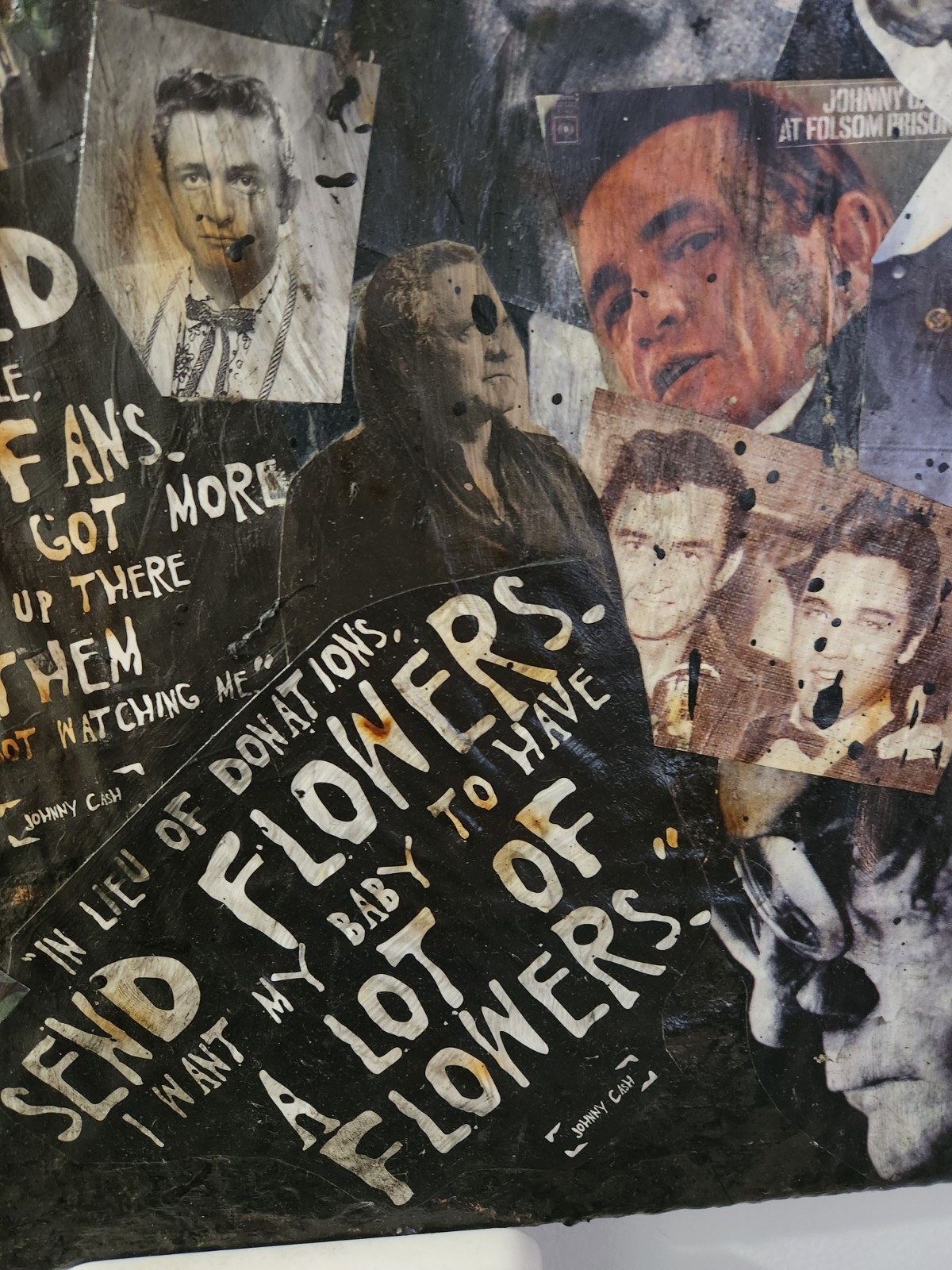 Large Johnny Cash Acrylic Canvas Collage Art. Heavily Textured & Burned! 16X20