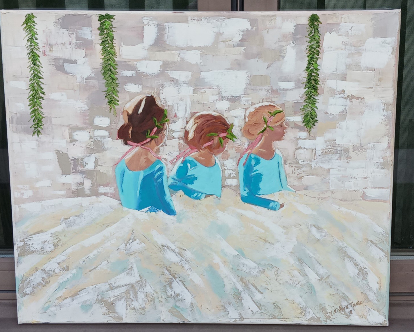Vtg Painting children ballet 3 ballerinas signed turquoise white tutus 20 x 24″