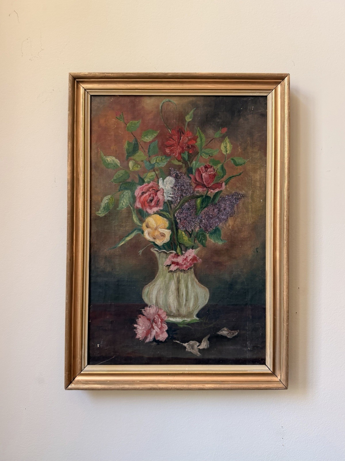 Antique American Floral Still Life Oil Painting Roses Lilacs Carnations