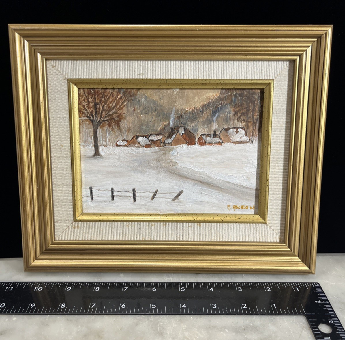 Framed Oil Painting Winter Snow Ice Scene Signed M. Alcon 10.5”x 9”