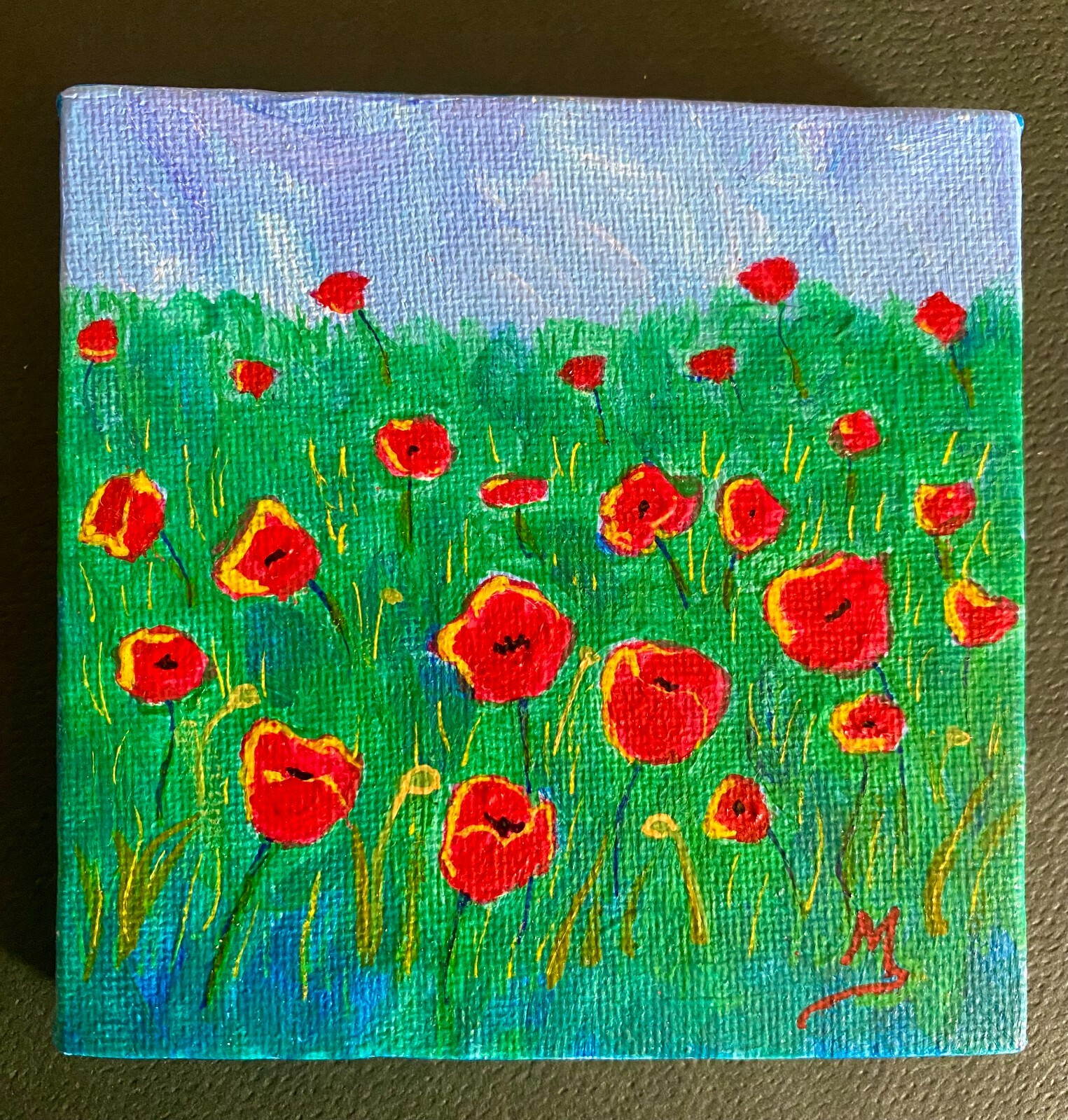 Poppies Painting, Poppies Field Mini Painting on Canvas Art, Gift for Her 4″x4″