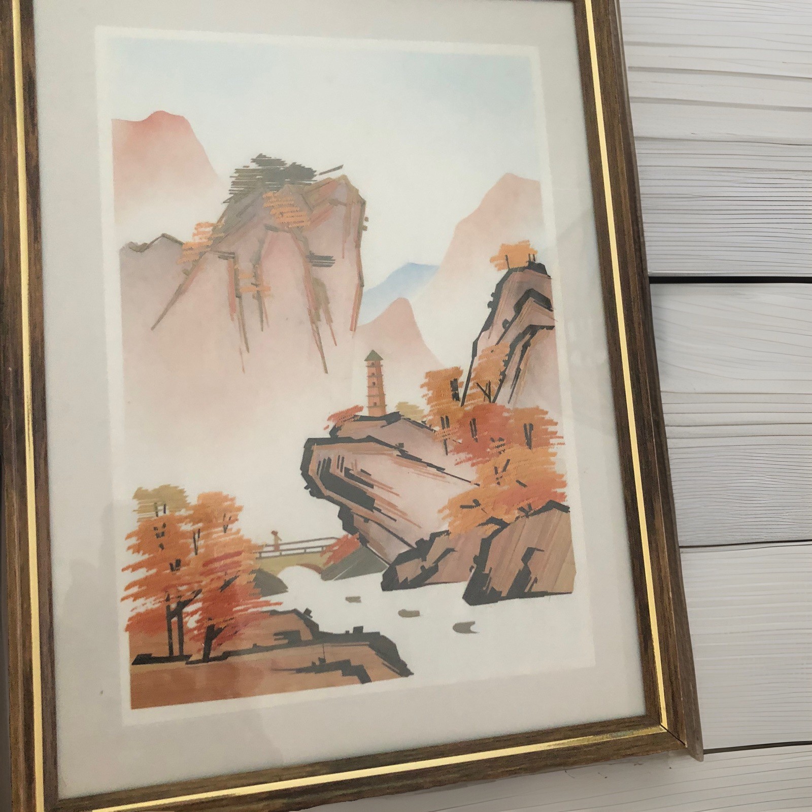 Asian Framed Picture 8”x12” Hills House Water Man Pastel & Gold