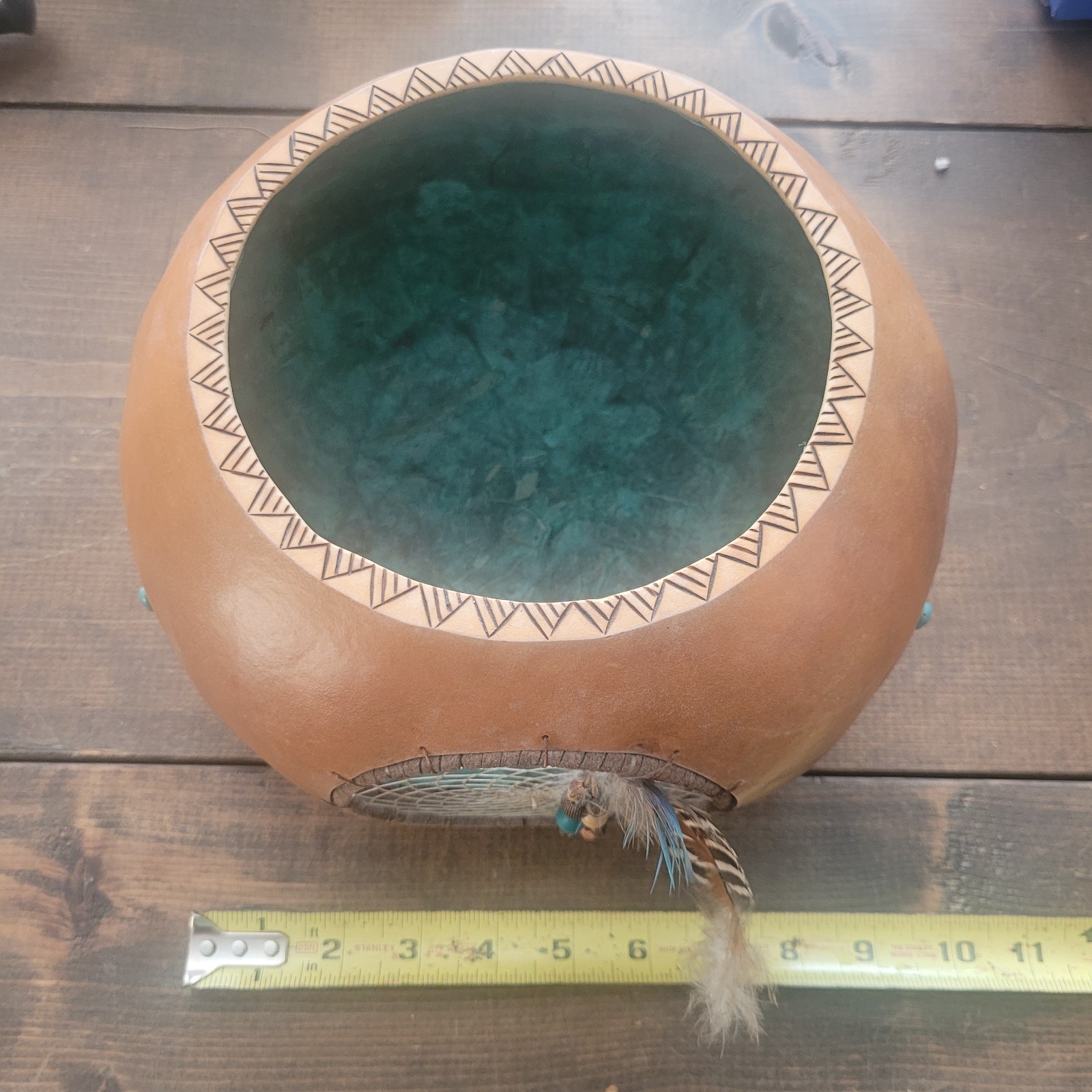 Southwestern Hand Painted Gourd Native American Turquoise Feathers Beads Signed
