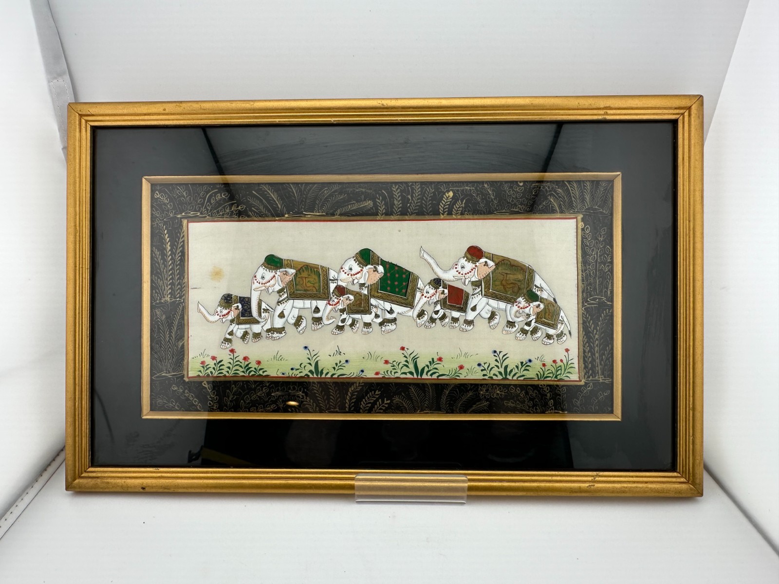 Framed Indian Miniature Elephant Procession Painting Silk Art Gold Frame 17 In