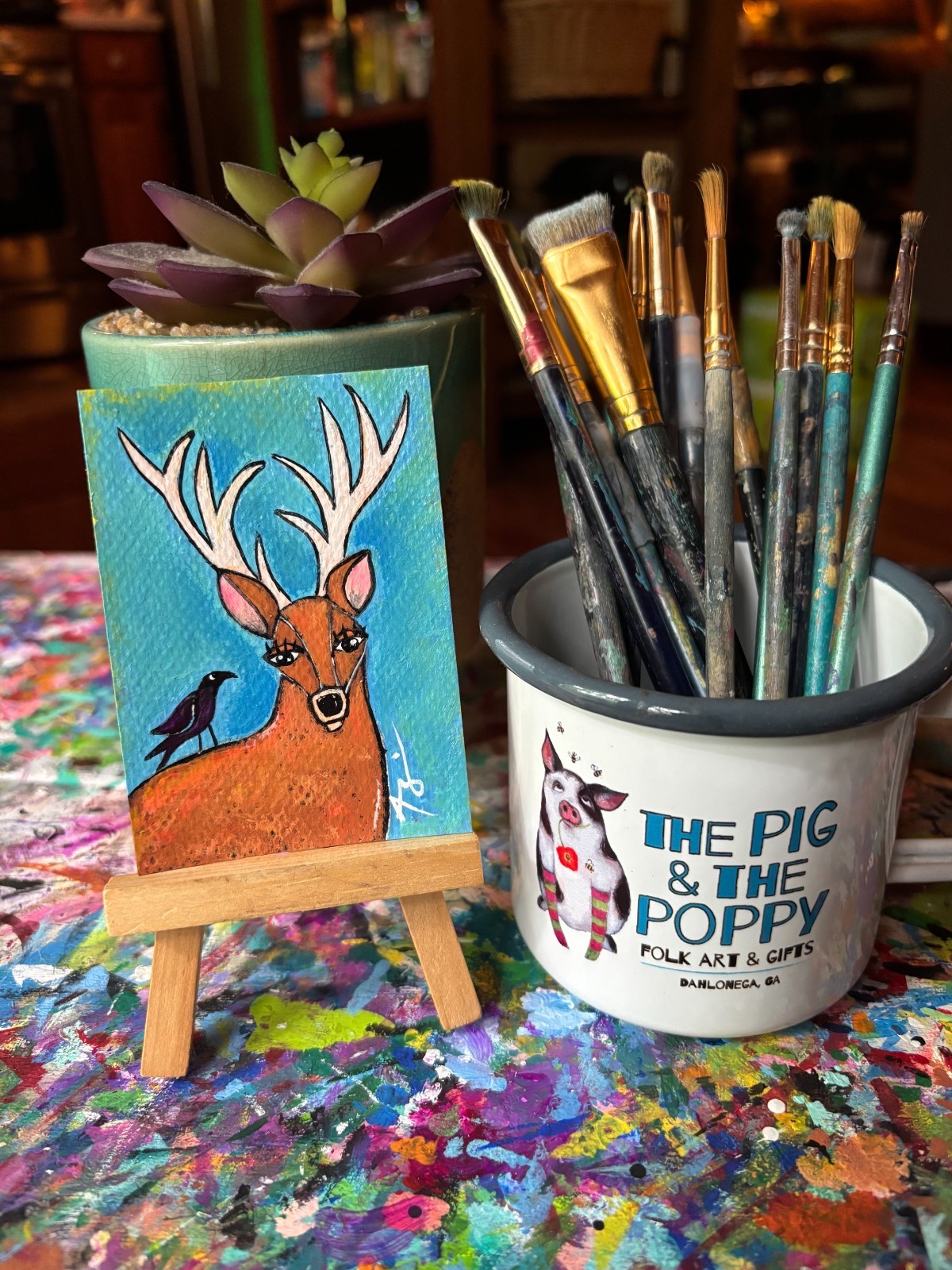 ACEO original painting folk art deer crow animal Amy Sullivan OOAK acrylic cool