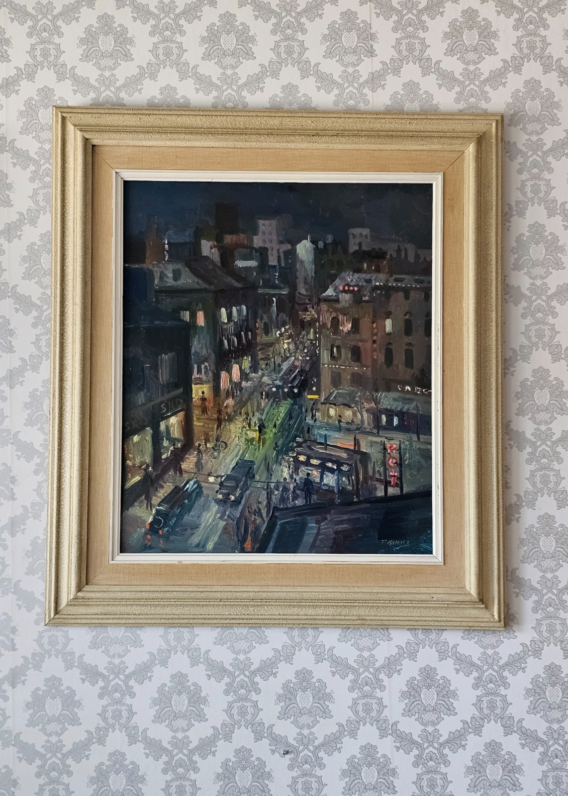 ATMOSPHERIC MID CENTURY SCANDINAVIAN PAINTING CITYSCAPE AT DUSK TADEUSZ KAMASA