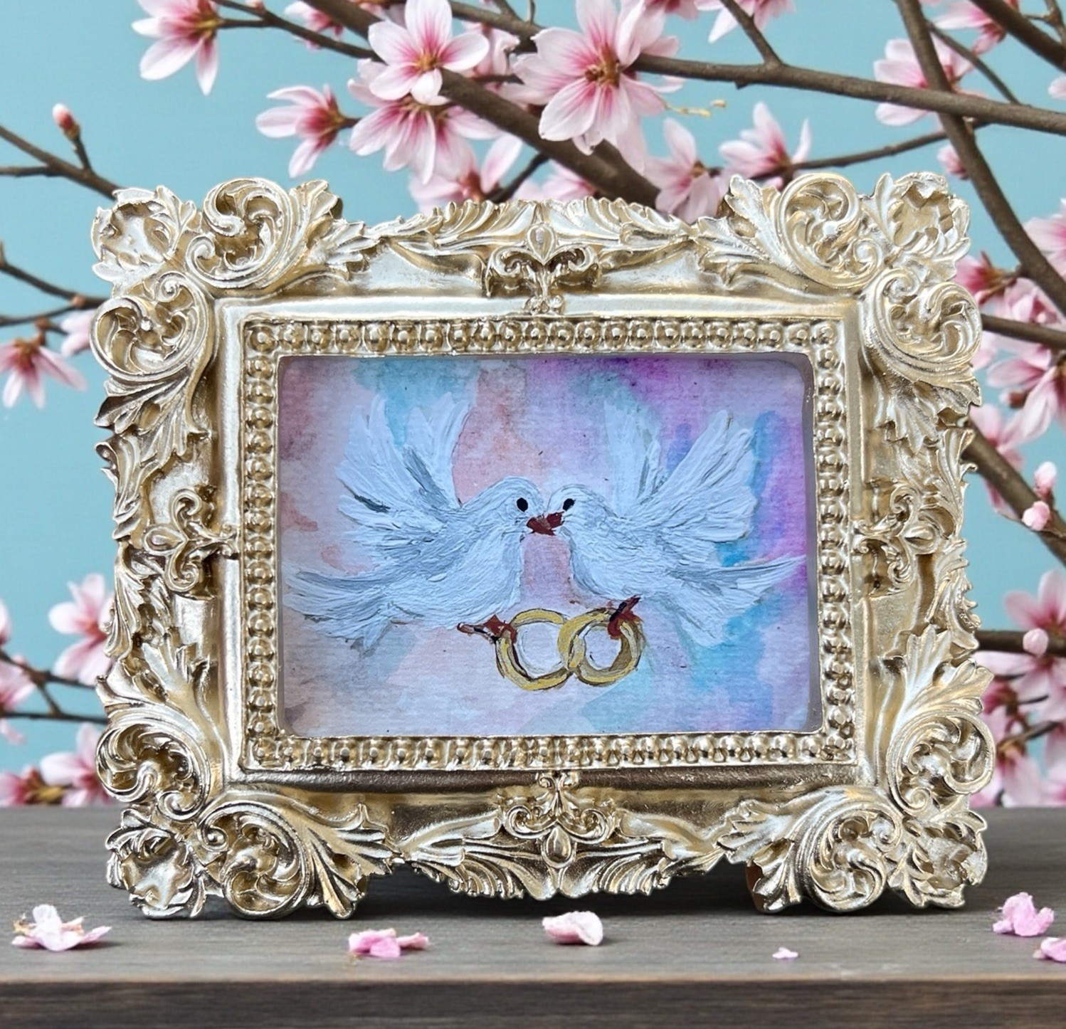 Two Doves 🕊️ holding Rings 💍 mini watercolor print in gold ornate frame