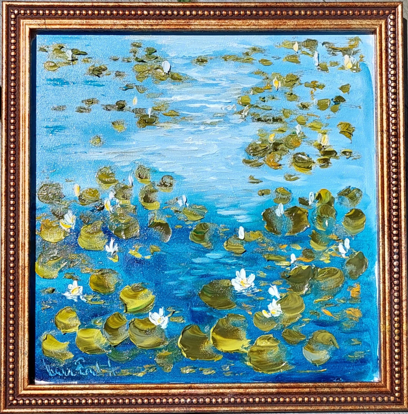Oil original painting on board size 10×10 Waterlily Pond Framed